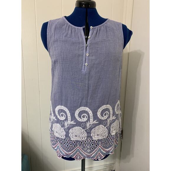 Talbot's Tunic Top L Sleeveless Pullover Embroidered Beaded Blue striped Coastal - Picture 1 of 7